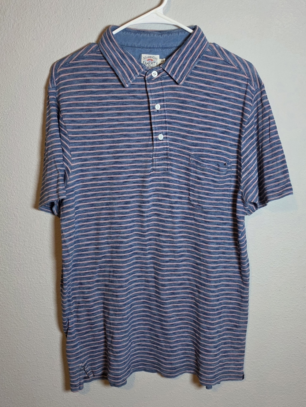 ​Faherty Baypoint Polo Mens M Regatta Blue Pink Stripe 100% Cotton Stretch Luxur